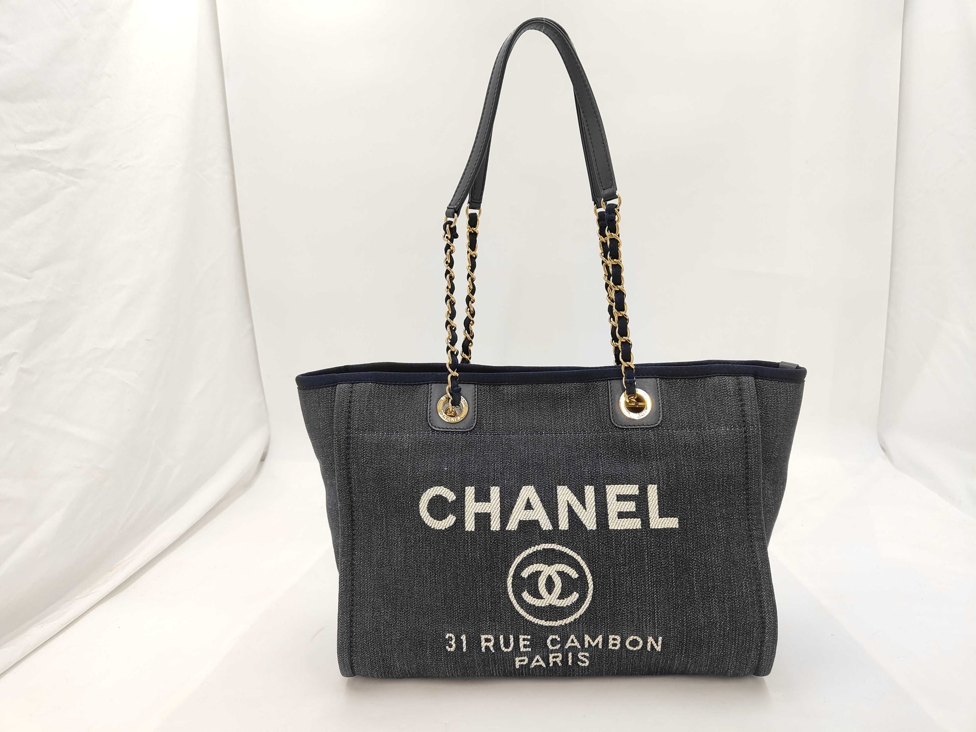 CHANEL Denim x Leather Deauville MM Medium Navy Seal Tote Bag 18304435