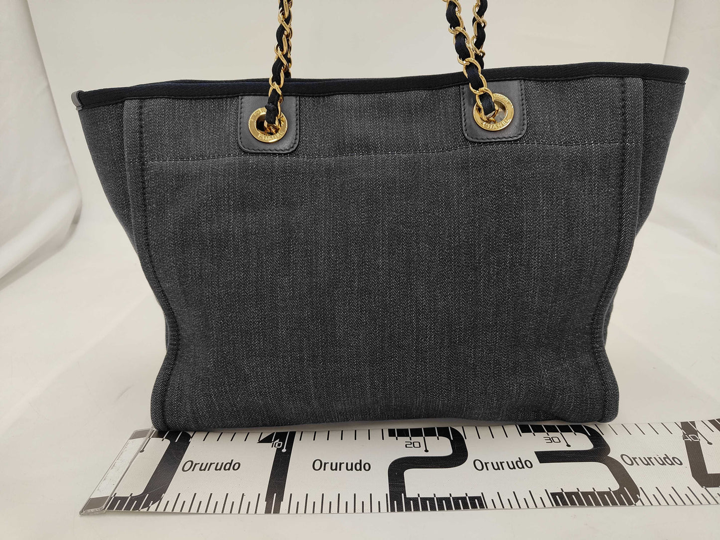 CHANEL Denim x Leather Deauville MM Medium Navy Seal Tote Bag 18304435