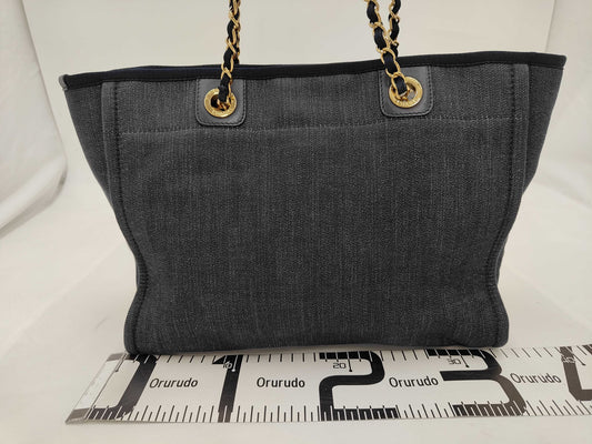 CHANEL Denim x Leather Deauville MM Medium Navy Seal Tote Bag 18304435