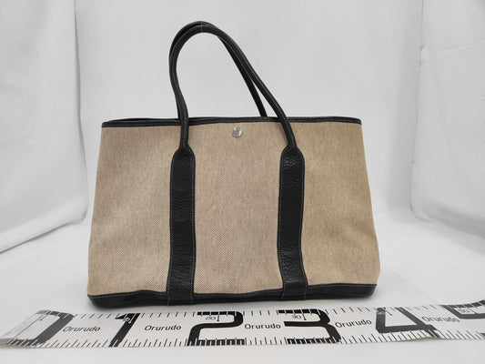 HERMES Canvas x Leather Garden Party MM Beige Black Natural T Stamp 2015 Handbag