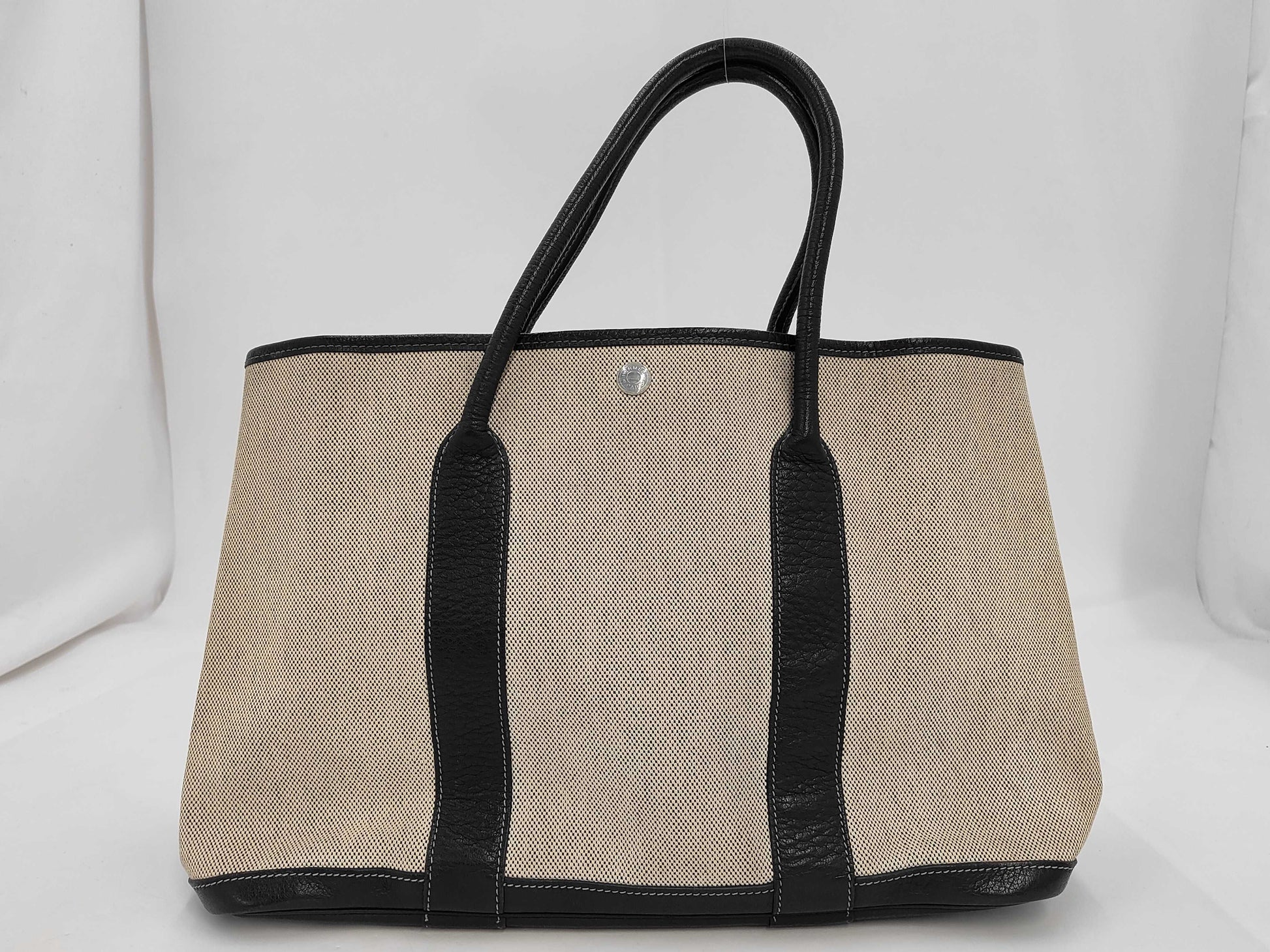 HERMES Canvas x Leather Garden Party MM Beige Black Natural T Stamp 2015 Handbag