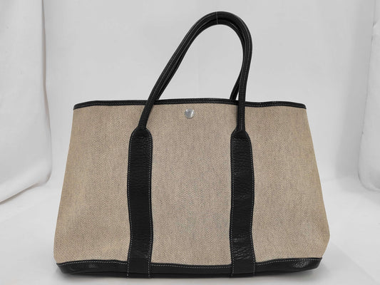 HERMES Canvas x Leather Garden Party MM Beige Black Natural T Stamp 2015 Handbag