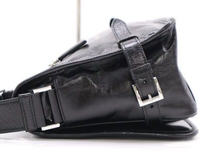 PRADA Soft Look Leather Triangle Logo Black Shoulder Bag