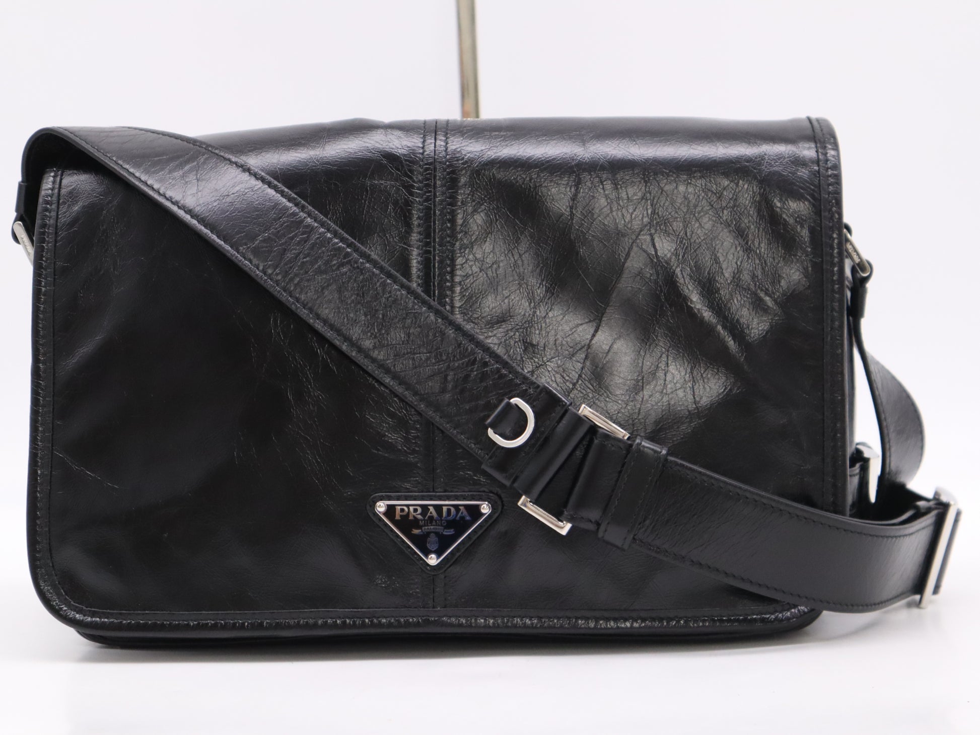 PRADA Soft Look Leather Triangle Logo Black Shoulder Bag