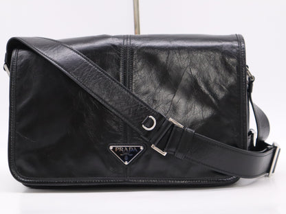 PRADA Soft Look Leather Triangle Logo Black Shoulder Bag