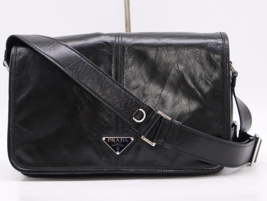 PRADA Soft Look Leather Triangle Logo Black Shoulder Bag