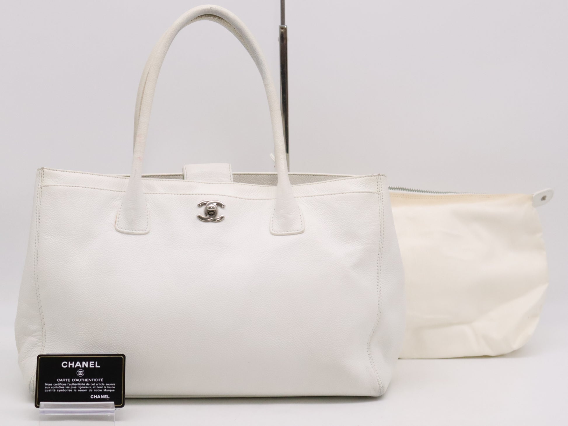 CHANEL Caviar Skin Executive Line Tote Bag, White, with Pouch, Guarantee Card, Card, and Sticker, 11932924 Tote Bag