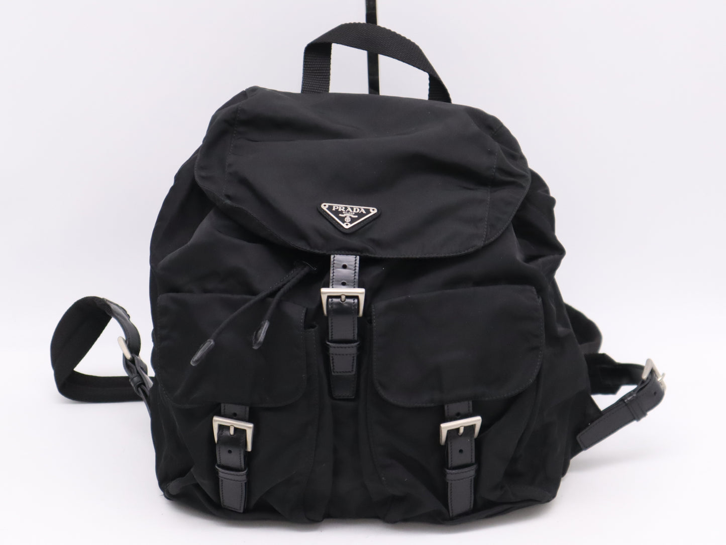 PRADA Nylon and Leather Backpack with Logo Plate, Black