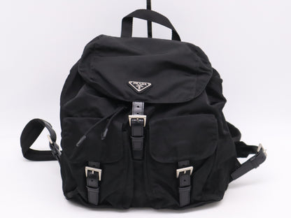 PRADA Nylon and Leather Backpack with Logo Plate, Black