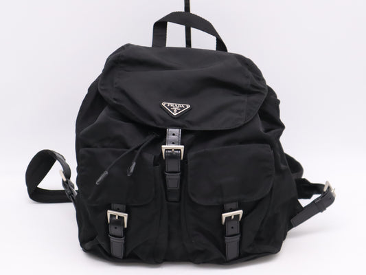 PRADA Nylon and Leather Backpack with Logo Plate, Black