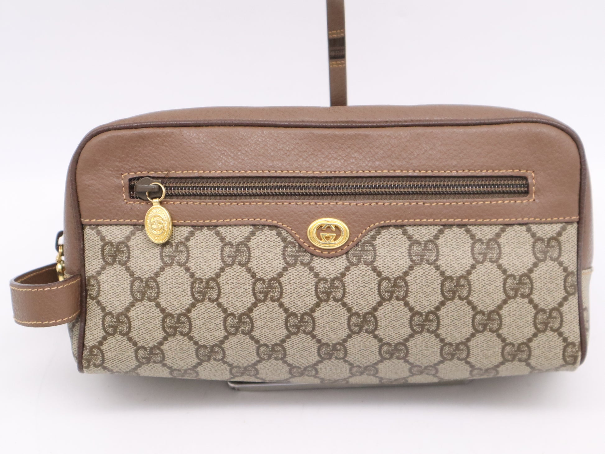 GUCCI 014・58・6087 PVC×Leather Old Gucci Vintage GG Supreme Second Bag Brown Beige GD Hardware Second Bag