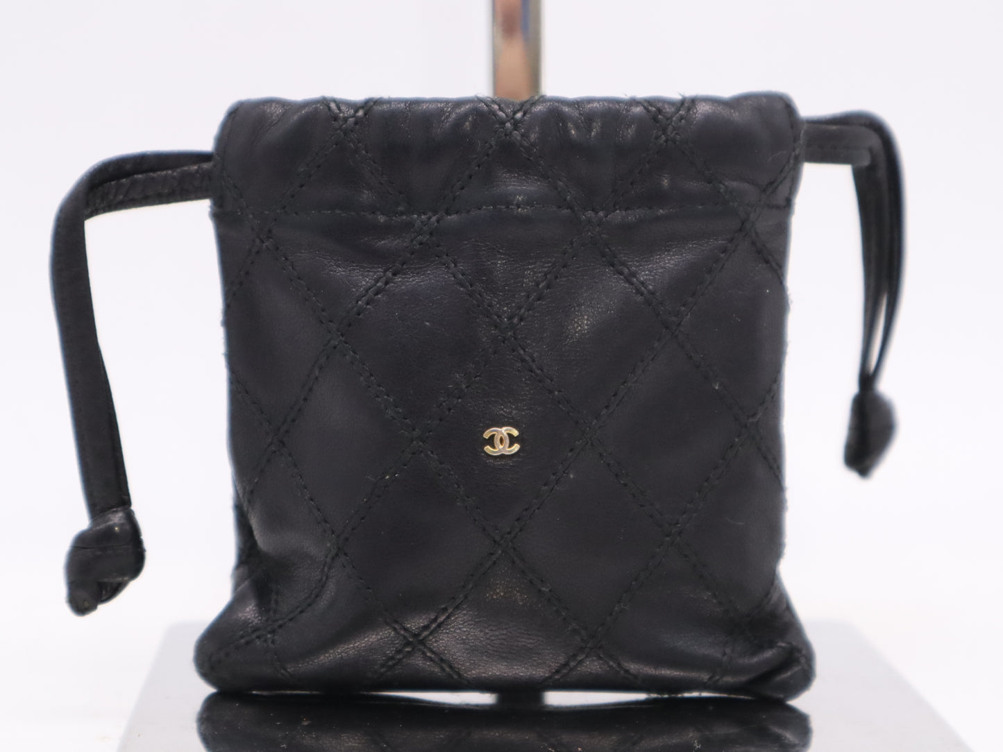 CHANEL Lambskin Bicolor Drawstring Black Pouch