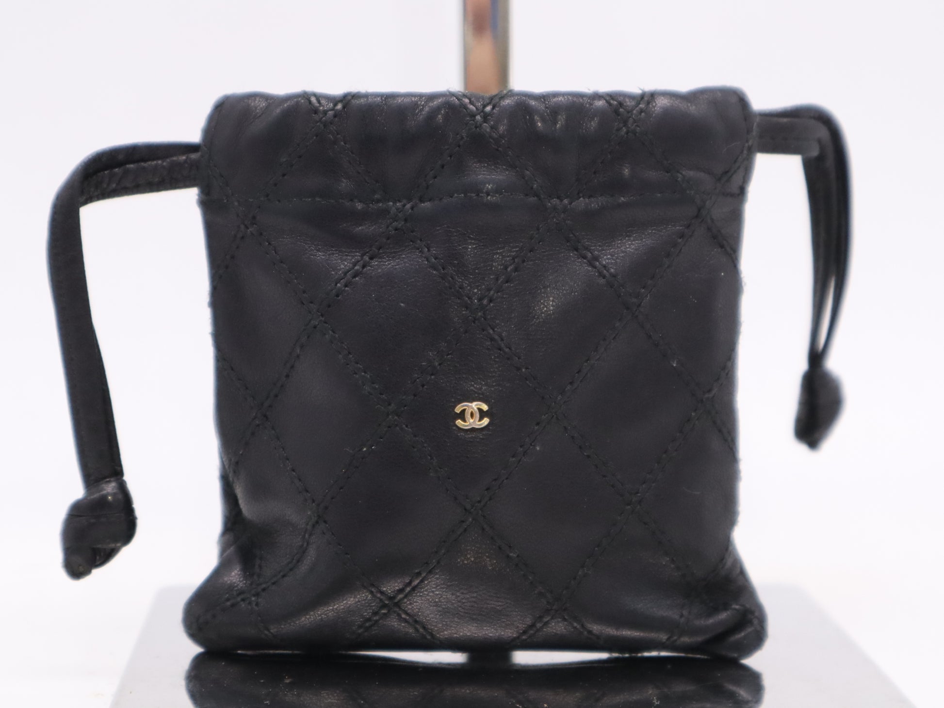 CHANEL Lambskin Bicolor Drawstring Black Pouch