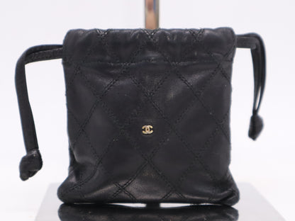 CHANEL Lambskin Bicolor Drawstring Black Pouch