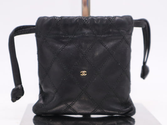 CHANEL Lambskin Bicolor Drawstring Black Pouch