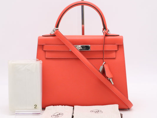 HERMES Kelly 28 Bougainvillea Handbag with Epson X Stamp, Shoulder Strap, Dust Bag, Cloche, Cadena, and Two Keys