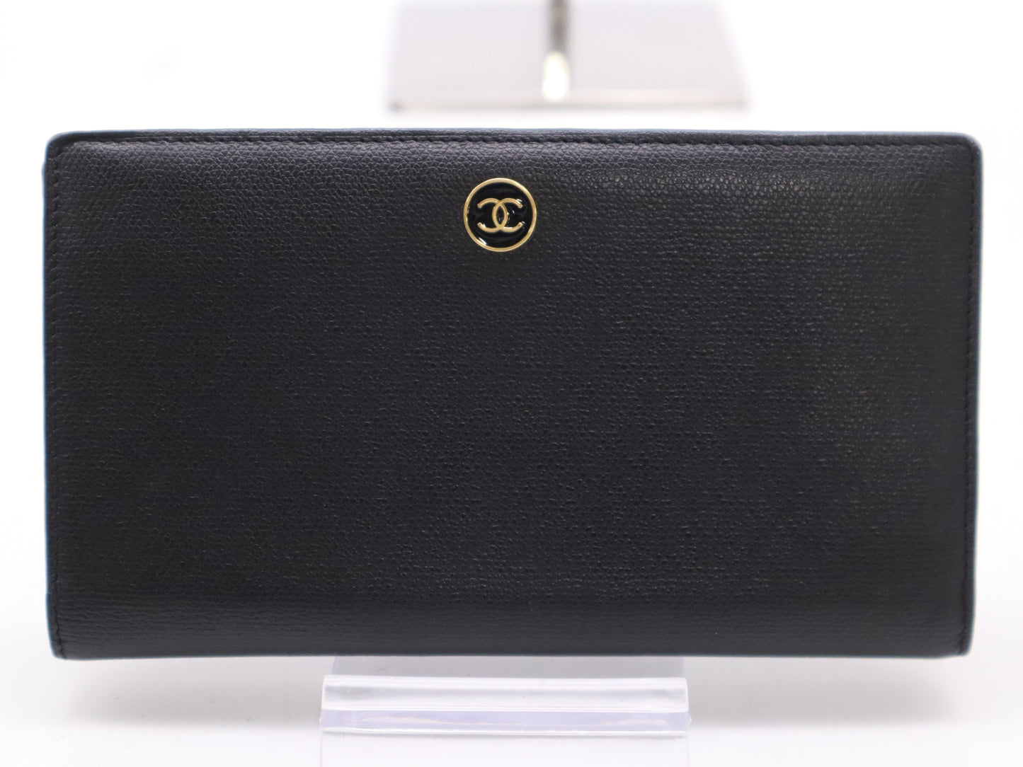 CHANEL Coco Button Bifold Leather Black Wallet