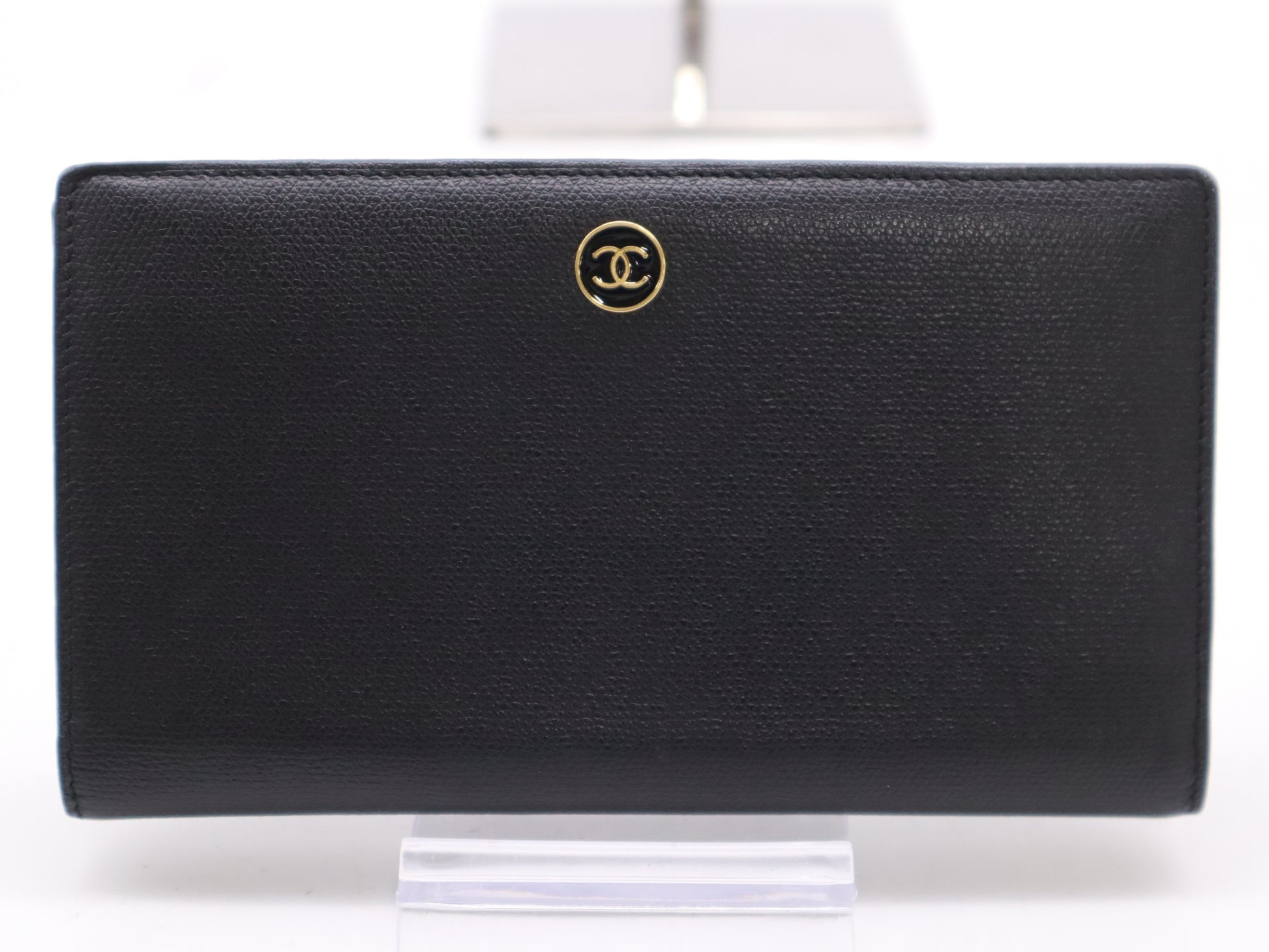 CHANEL Coco Button Bifold Leather Black Wallet
