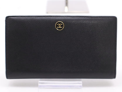CHANEL Coco Button Bifold Leather Black Wallet