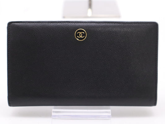 CHANEL Coco Button Bifold Leather Black Wallet