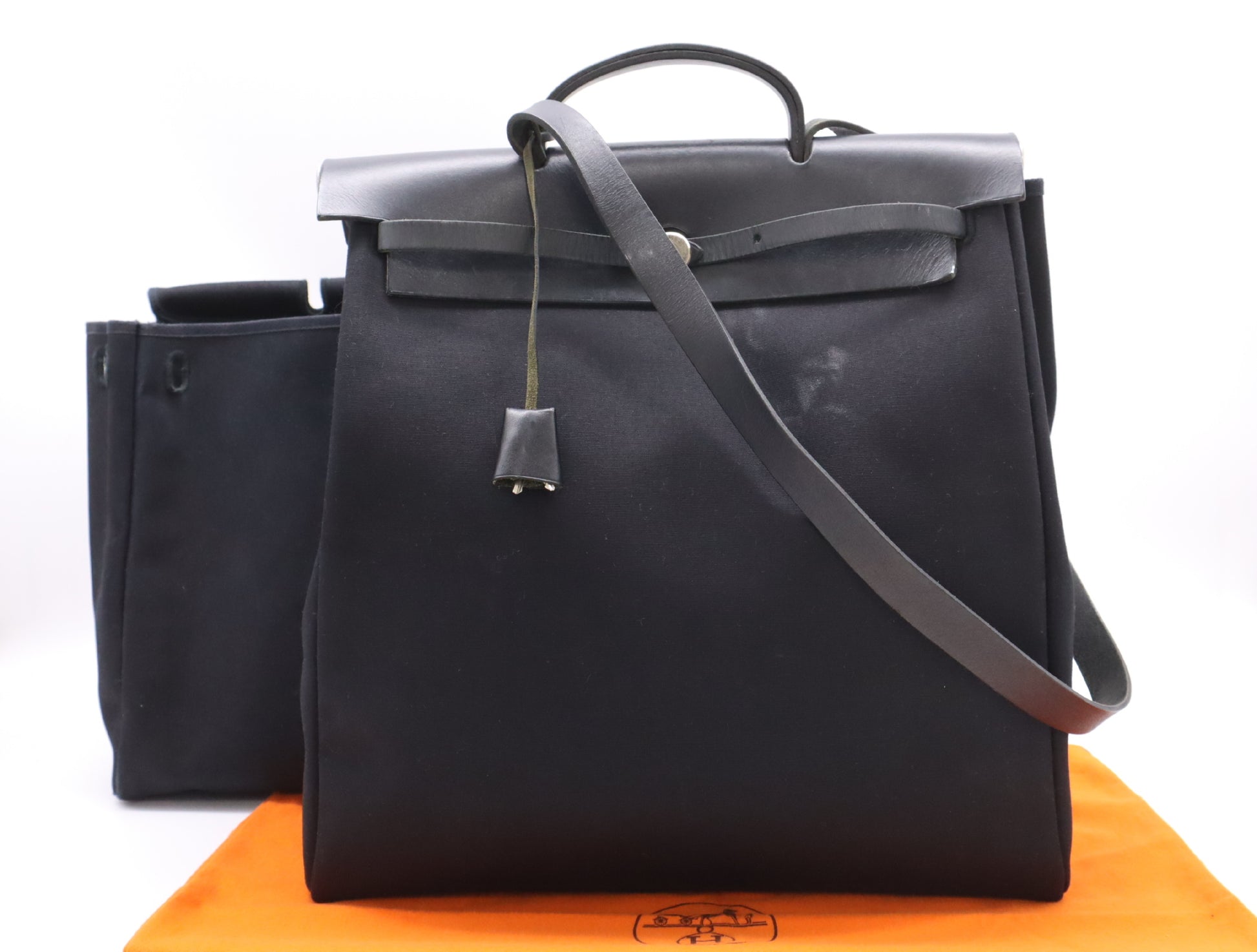 HERMES Toile Officier Air Bag MM Black with Cadena, 2 Keys, Cloche, and 2 Dust Bags, G Stamp, 2003 Tote Bag