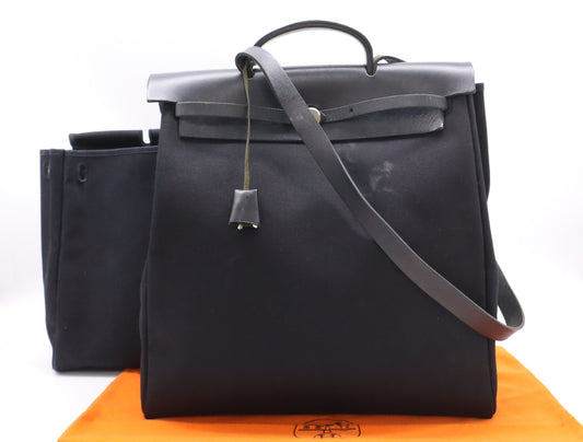 HERMES Toile Officier Air Bag MM Black with Cadena, 2 Keys, Cloche, and 2 Dust Bags, G Stamp, 2003 Tote Bag