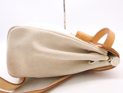 HERMES Toile H Leather Air Bag PM White Brown with Cadena, 2 Keys, and Cloche. □G Stamp, 2003. Handbag.