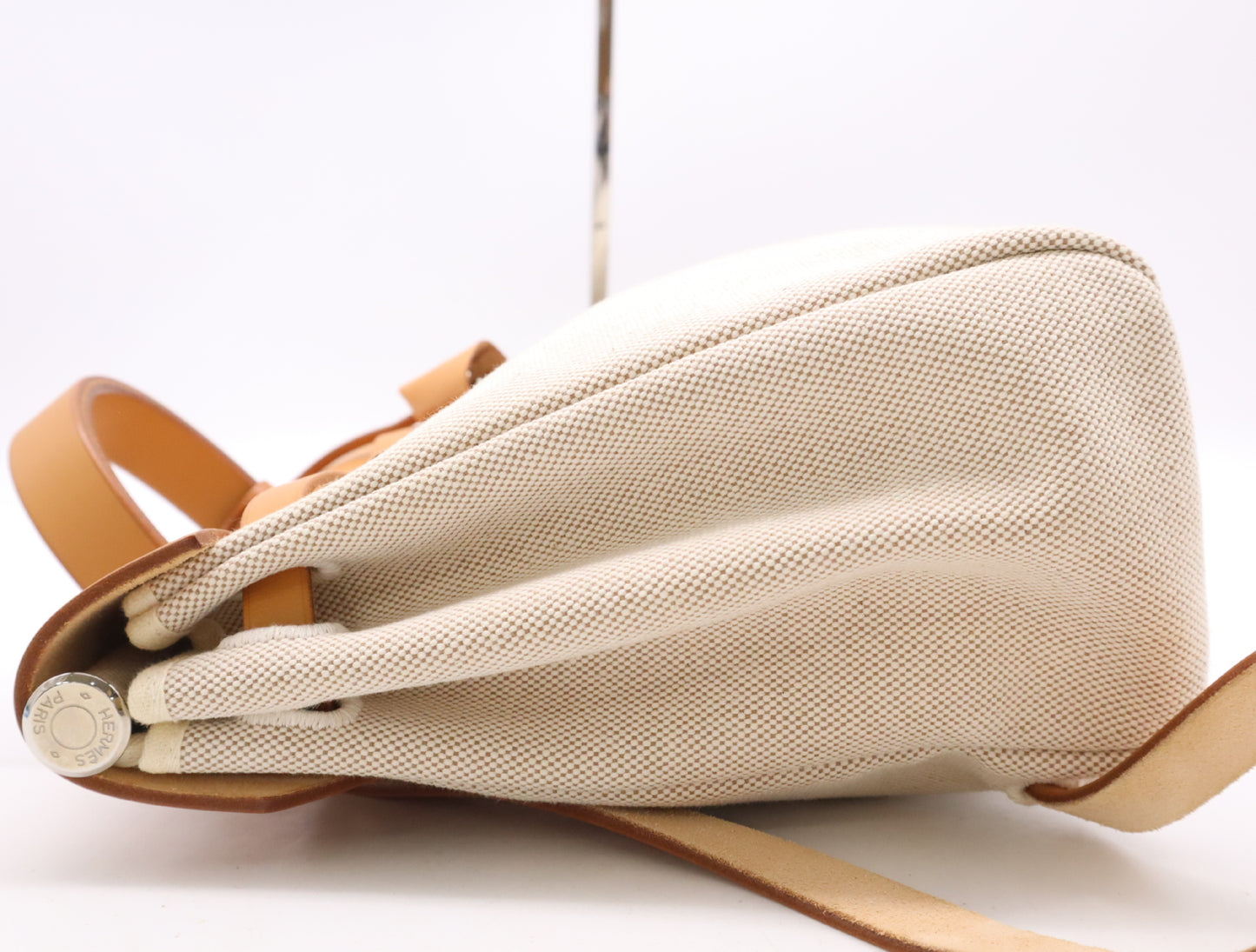 HERMES Toile H Leather Air Bag PM White Brown with Cadena, 2 Keys, and Cloche. □G Stamp, 2003. Handbag.