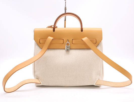 HERMES Toile H Leather Air Bag PM White Brown with Cadena, 2 Keys, and Cloche. □G Stamp, 2003. Handbag.
