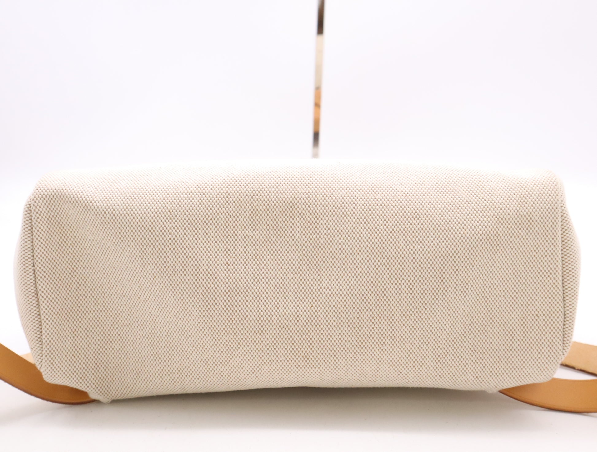 HERMES Toile H Leather Air Bag PM White Brown with Cadena, 2 Keys, and Cloche. □G Stamp, 2003. Handbag.