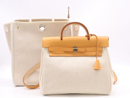 HERMES Toile H Leather Air Bag PM White Brown with Cadena, 2 Keys, and Cloche. □G Stamp, 2003. Handbag.