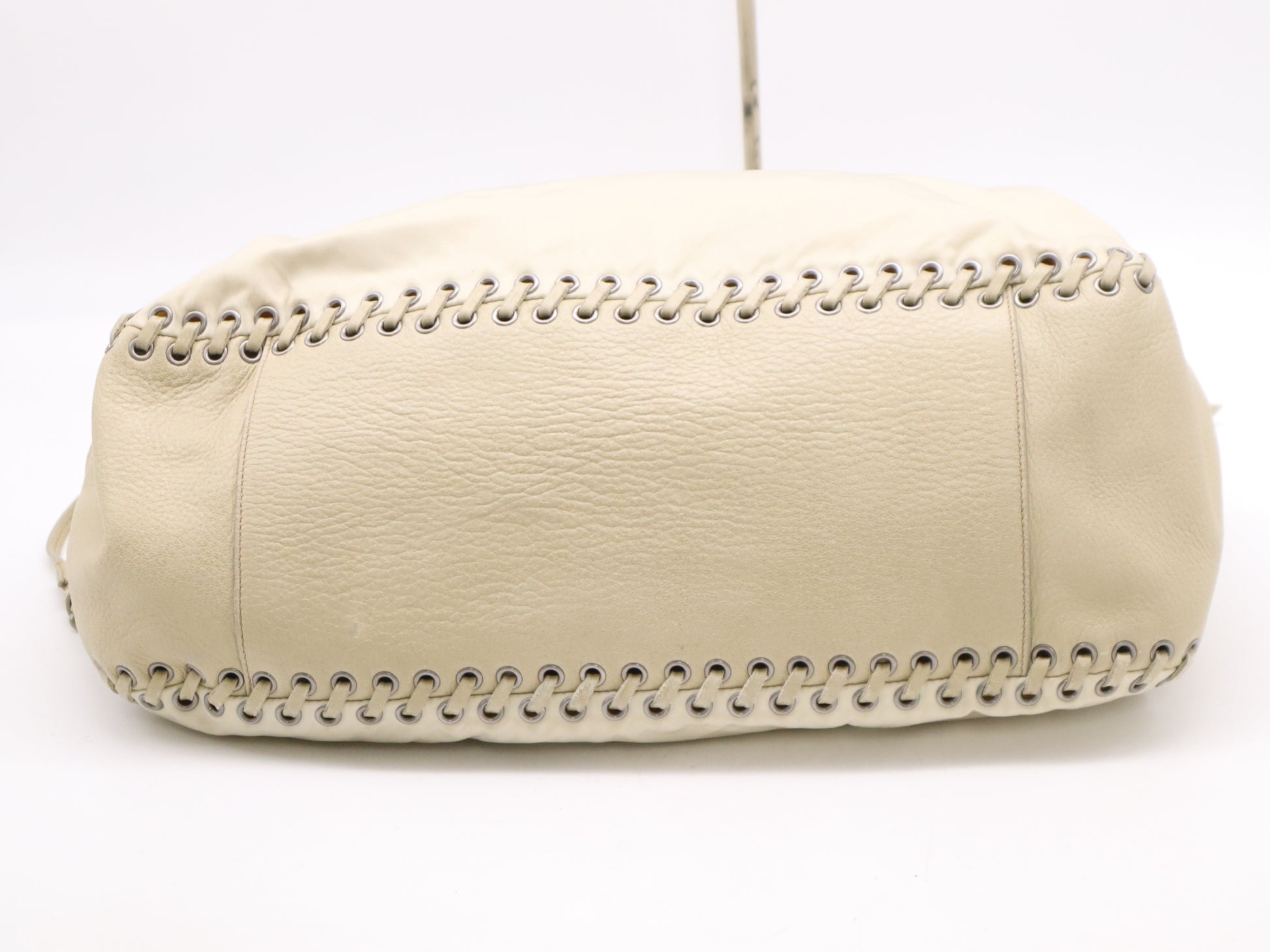 PRADA Nylon/Leather Triangle Logo Handbag in Beige and White with Silver Hardware