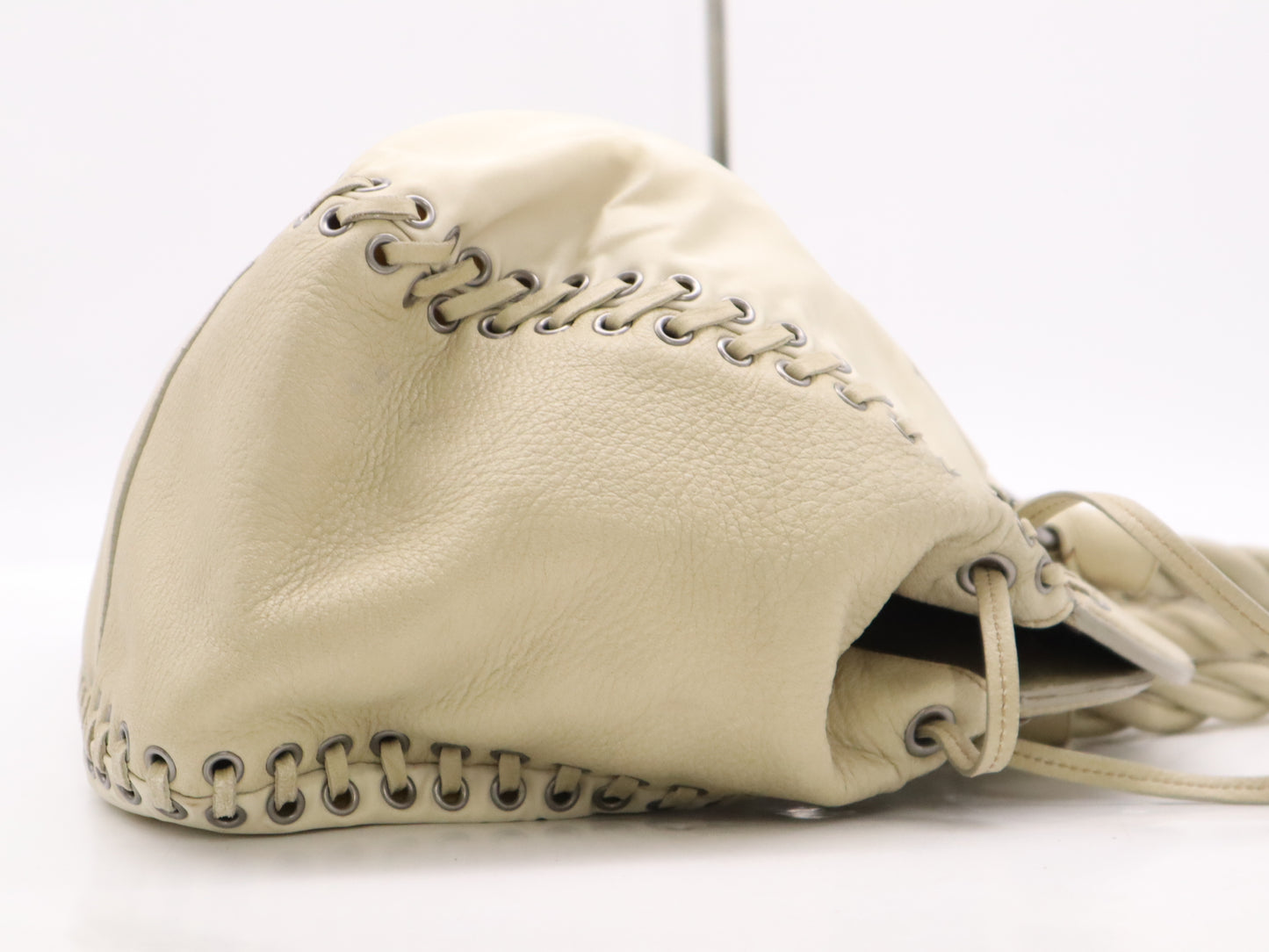 PRADA Nylon/Leather Triangle Logo Handbag in Beige and White with Silver Hardware