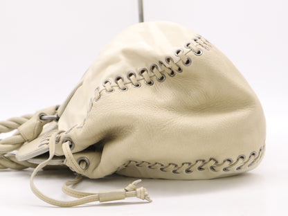 PRADA Nylon/Leather Triangle Logo Handbag in Beige and White with Silver Hardware