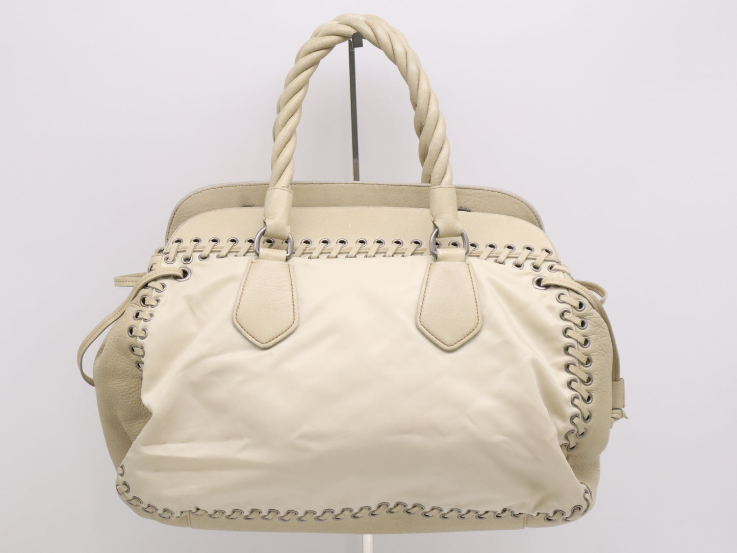 PRADA Nylon/Leather Triangle Logo Handbag in Beige and White with Silver Hardware
