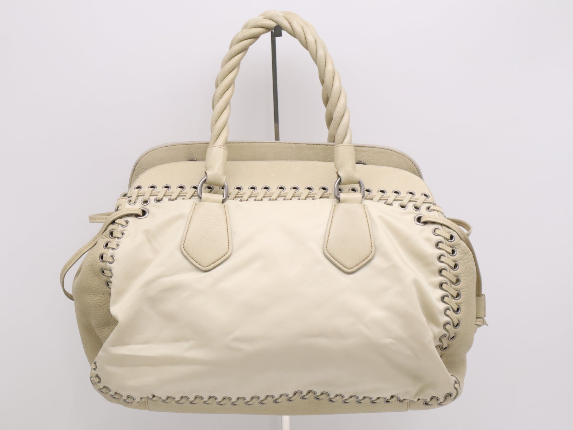 PRADA Nylon/Leather Triangle Logo Handbag in Beige and White with Silver Hardware