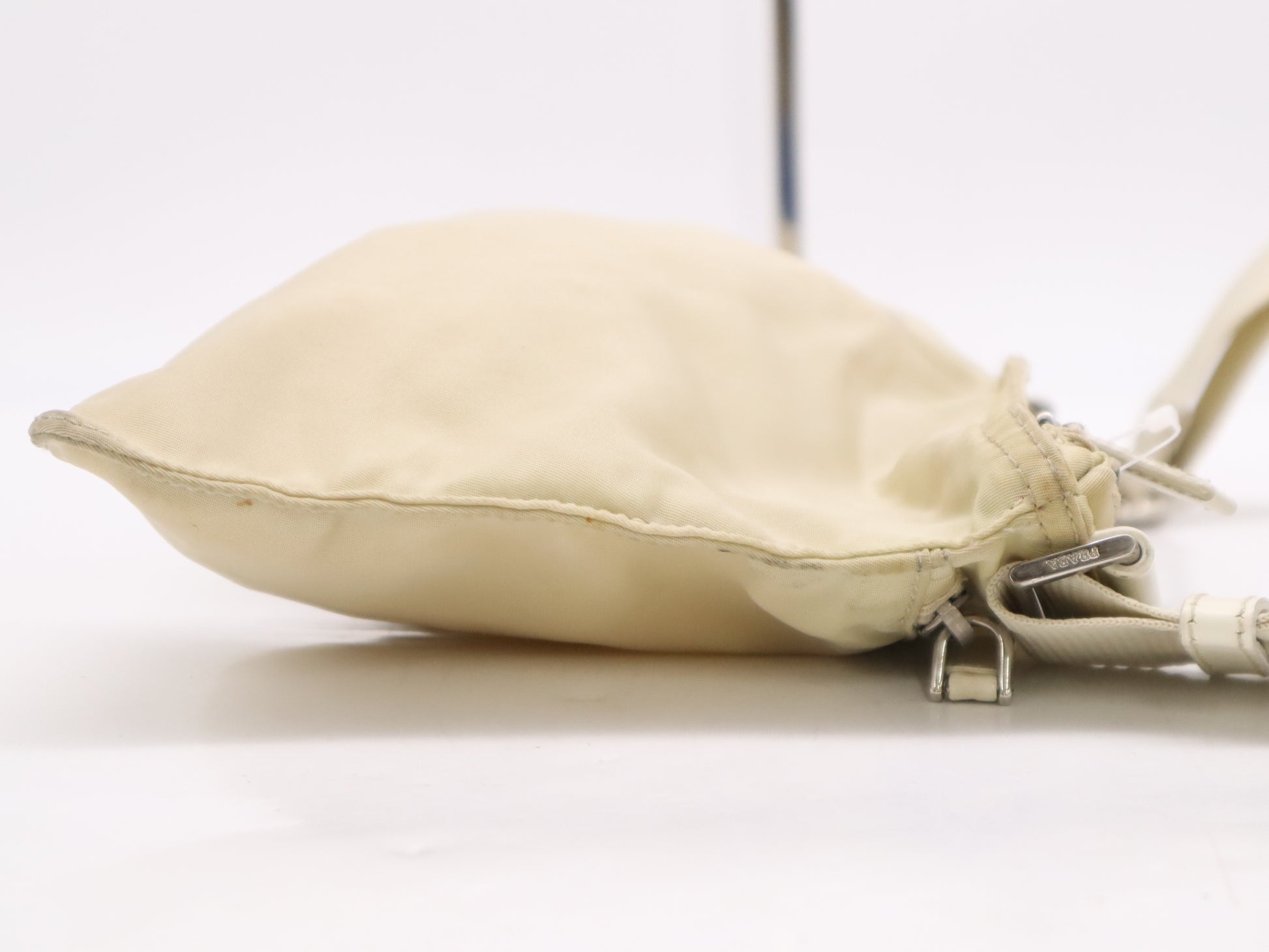 PRADA Nylon Triangle Logo Shoulder Bag, Beige, with Silver Hardware