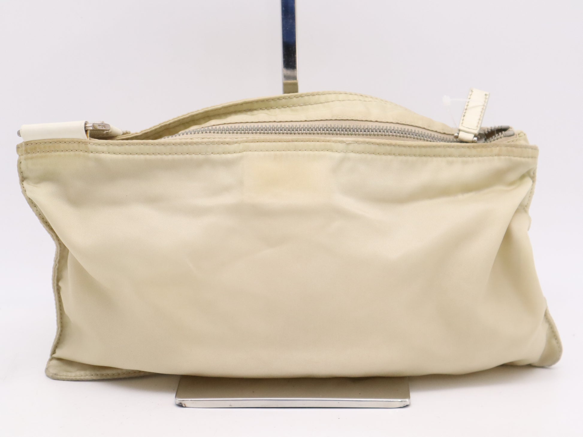 PRADA Nylon Triangle Logo Shoulder Bag, Beige, with Silver Hardware