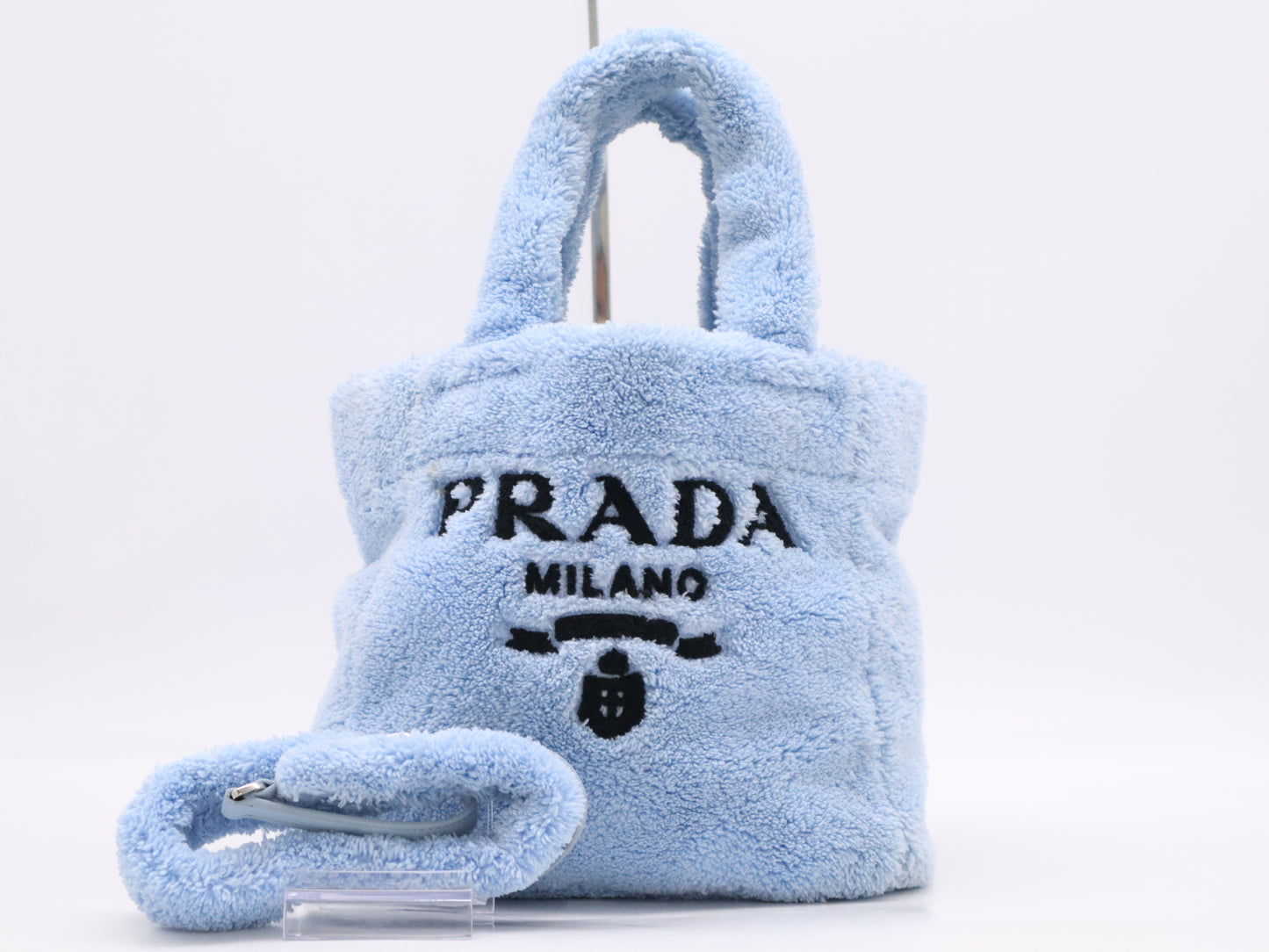PRADA Pile Terry 2-Way Tote Bag, Blue, with Silver Hardware and Shoulder Strap