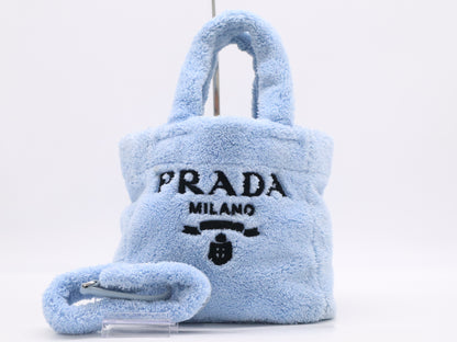 PRADA Pile Terry 2-Way Tote Bag, Blue, with Silver Hardware and Shoulder Strap