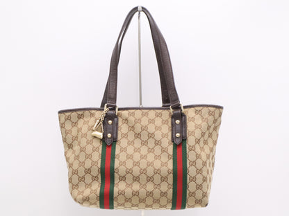 GUCCI 137396 Canvas x Leather GG Canvas Sherry Line Tote Bag Beige Brown Tote Bag
