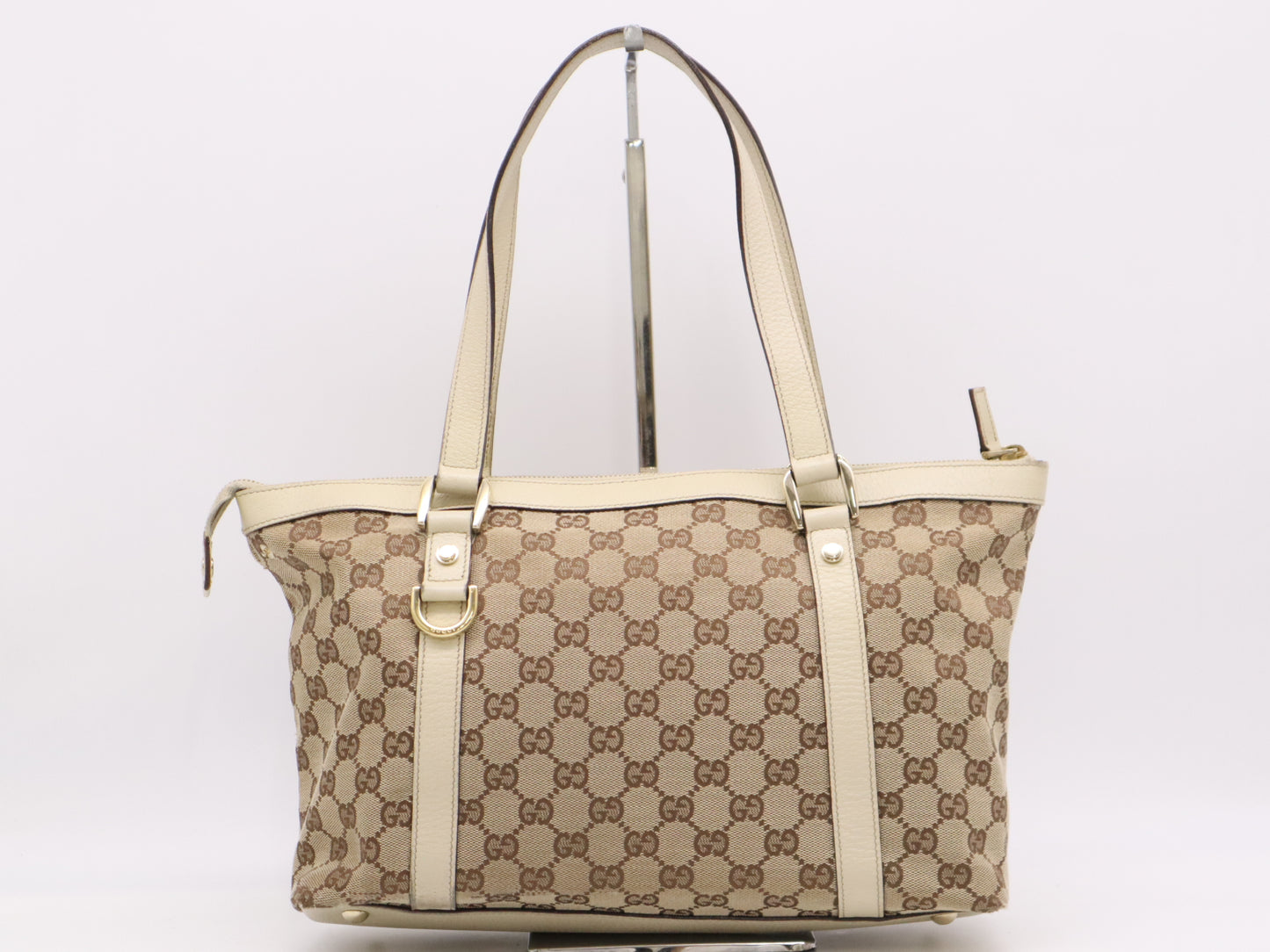GUCCI 141470 Canvas/Leather GG Canvas Abbey Handbag in Beige and White with GD Hardware