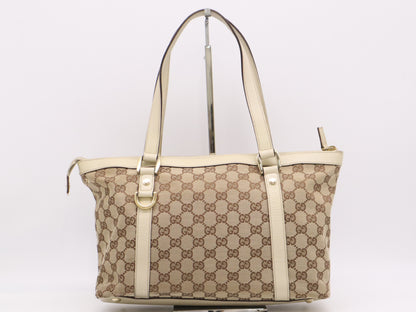 GUCCI 141470 Canvas/Leather GG Canvas Abbey Handbag in Beige and White with GD Hardware