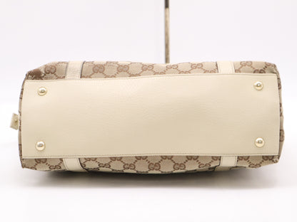 GUCCI 141470 Canvas/Leather GG Canvas Abbey Handbag in Beige and White with GD Hardware