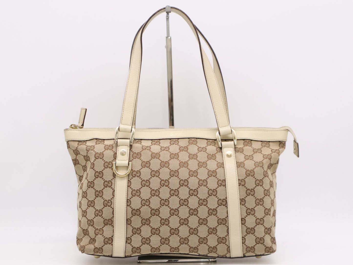 GUCCI 141470 Canvas/Leather GG Canvas Abbey Handbag in Beige and White with GD Hardware