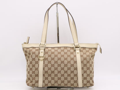 GUCCI 141470 Canvas/Leather GG Canvas Abbey Handbag in Beige and White with GD Hardware