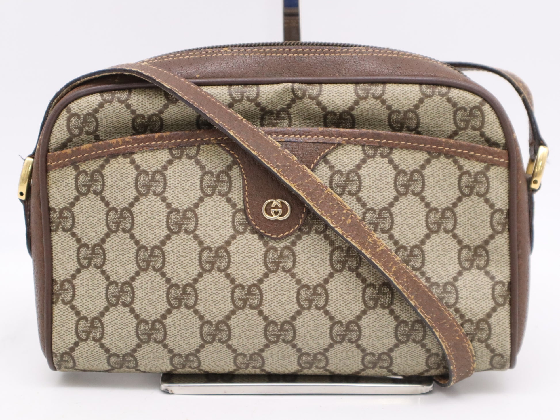 GUCCI 001・58・6594 PVC×Leather Old Gucci GG Supreme Shoulder Bag Beige Brown GD Hardware Shoulder Bag