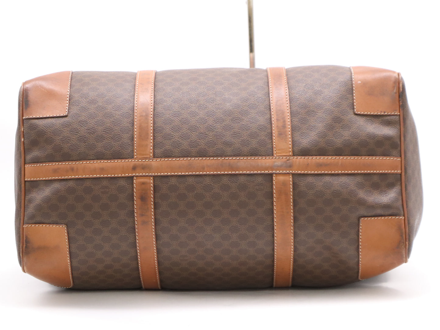 CELINE PVC and Leather Boston Bag in Macadam Brown, Light Brown, and Beige with GD Hardware, Padlock, Two Keys, and Cloche