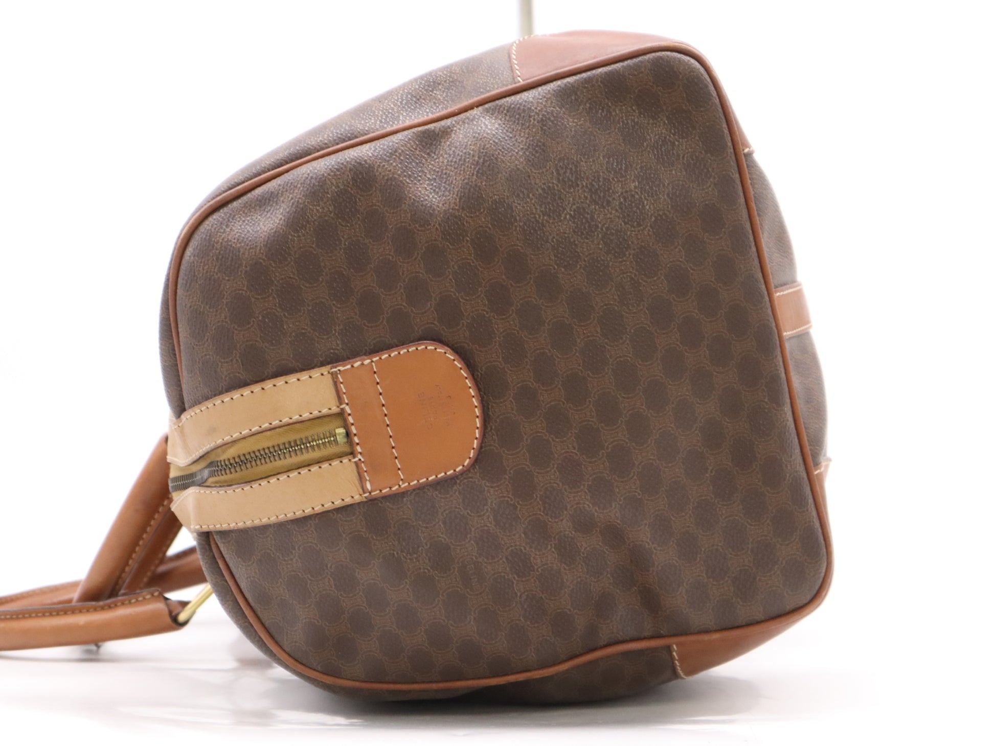 CELINE PVC and Leather Boston Bag in Macadam Brown, Light Brown, and Beige with GD Hardware, Padlock, Two Keys, and Cloche