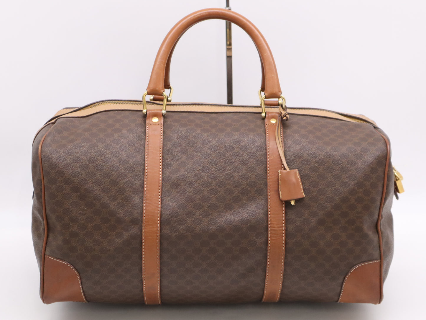 CELINE PVC and Leather Boston Bag in Macadam Brown, Light Brown, and Beige with GD Hardware, Padlock, Two Keys, and Cloche